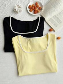 Set de 2 camisetas casuales de mujer con cuello cuadrado y manga corta, ajustadas y sexys, adecuadas para el verano - Multicolor 2 - Ver 5