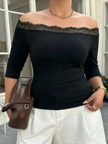 Curve Camiseta de verano elegante y ajustada de unicolor con hombros descubiertos para tallas grandes - Negro - Ver 5