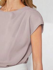 Blusa de mujer con mangas de murciélago asimétricas, de unicolor, estilo básico urbano de viaje, moda elegante y sencilla para negocios casuales, adecuada para maestras y uso en la oficina - Gris - Ver 6