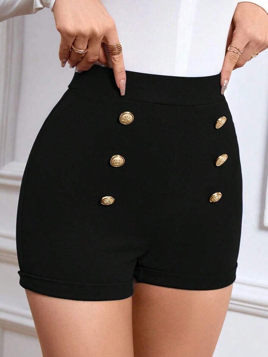 Shorts de talle alto con botón falso - Negro - Ver 1
