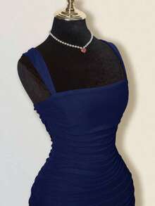 Vestido mini ajustado de mujer de unicolor elegante con malla y drapeado - Azul marino - Ver 7
