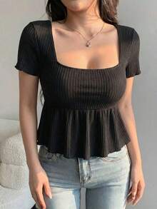Blusa casual de mujer con cuello cuadrado, manga corta, silueta acampanada y tela texturizada, top sexy y lindo - Negro - Ver 5
