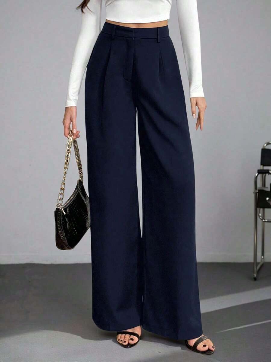 Tall Pantalones anchos de cintura alta de unicolor y versátiles, pantalones de cintura alta de estilo casual de otoño e invierno, pantalones negros de mujer, pantalones negros de vestir de pierna ancha, pantalones negros casuales, pantalones de esti - Azul marino - Ver 1