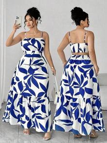 Vestido elegante de mujer talla grande con tirantes finos, cintura fruncida y diseño evasé, con estampado de hojas de dos colores, diseño evasé estilizador, elegante y sofisticado, adecuado para volver al colegio, graduación, San Valentín, festiva - Morado - Ver 1