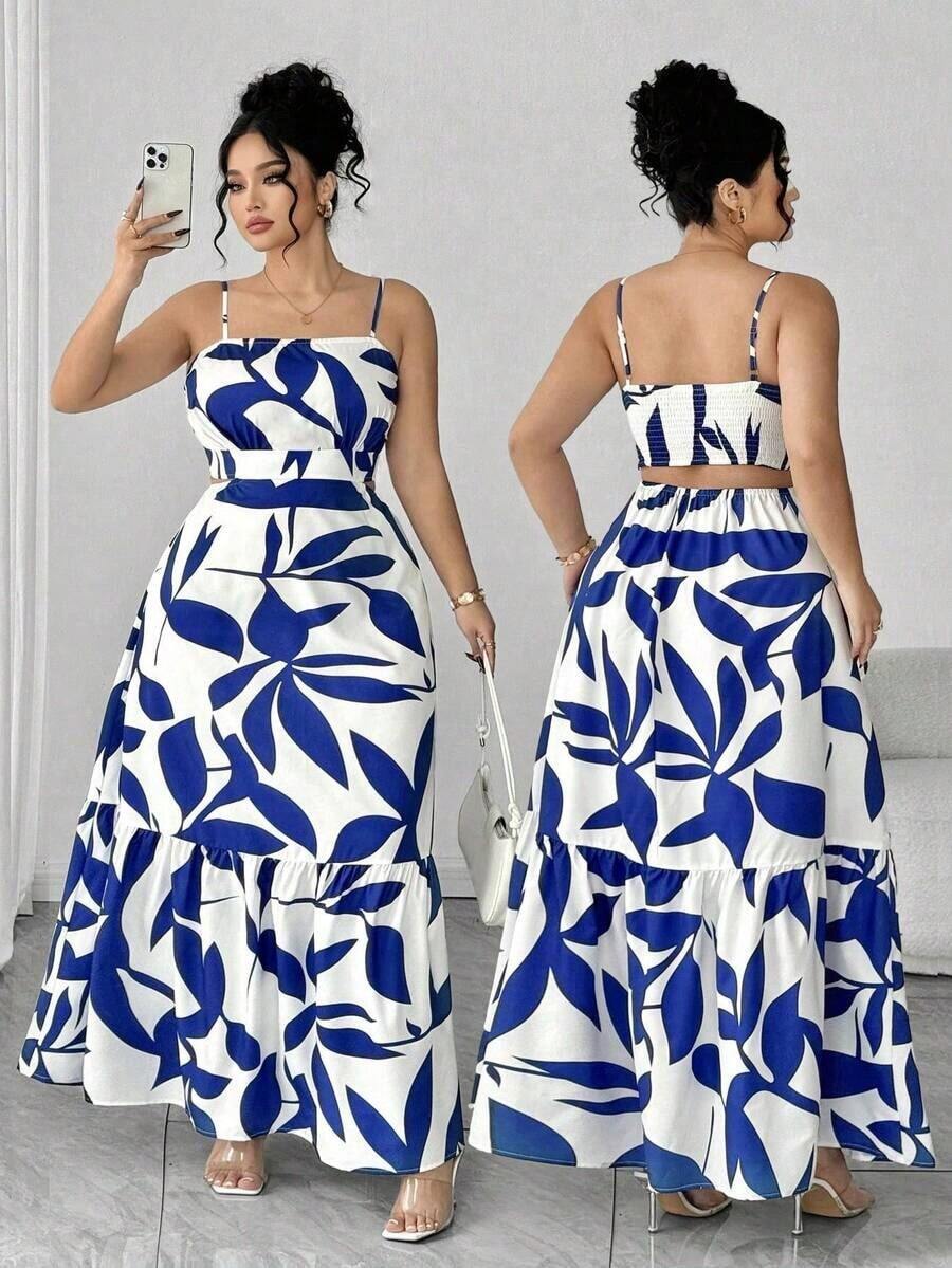 Vestido elegante de mujer talla grande con tirantes finos, cintura fruncida y diseño evasé, con estampado de hojas de dos colores, diseño evasé estilizador, elegante y sofisticado, adecuado para volver al colegio, graduación, San Valentín, festiva - Morado - Ver 1