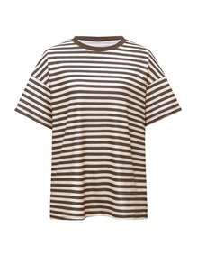 Camiseta casual de mujer  de cuello redondo holgado, camiseta de manga corta de ajuste ceñido con parches a rayas minimalista, adecuada para primavera/verano, ideal para el Día de San Valentín - Rayas amarillas y azules - Ver 3