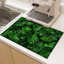 1pc Green Palm Leaf Print Absorbent Mat/Drying Mat For Coffee Maker, Dishes - Polyester Absorbent Desktop Protective Mat With Rubber Anti-Slip Pad, For Kitchen Counter Decor, Home Bar And Dining Table - Multicolor - View 2