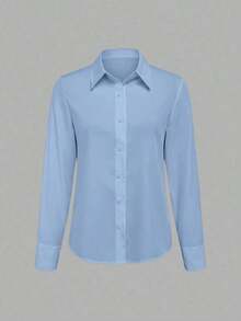Camisa de mujer casual de manga larga a rayas con un solo abotonado - Azul - Ver 3