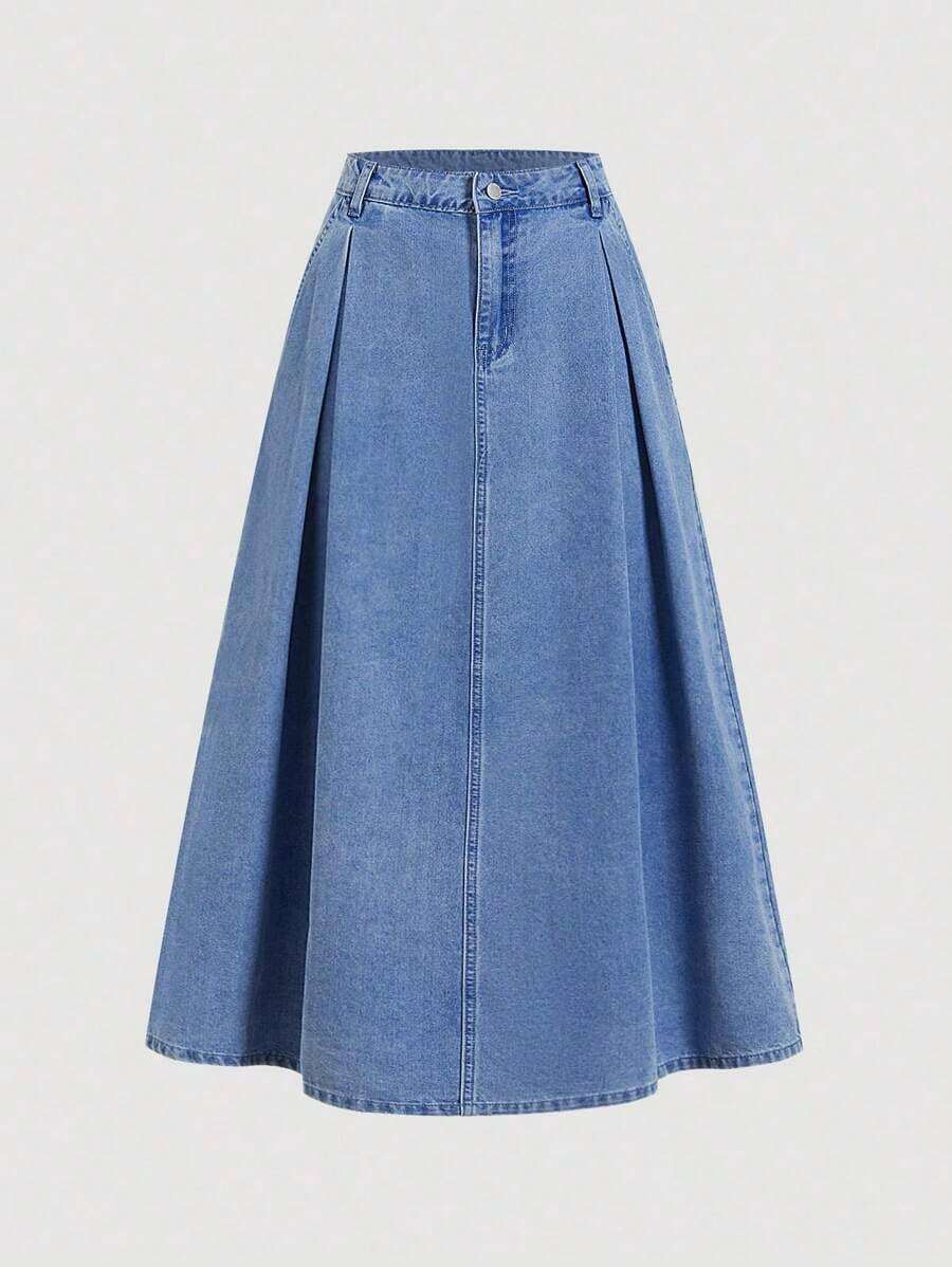 Falda larga de mezclilla azul holgada y casual para mujer - Azul lavado medio - Ver 1
