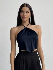 Camiseta de tirantes con cuello halter y bajo asimétrico para mujer - Azul marino - Ver 1
