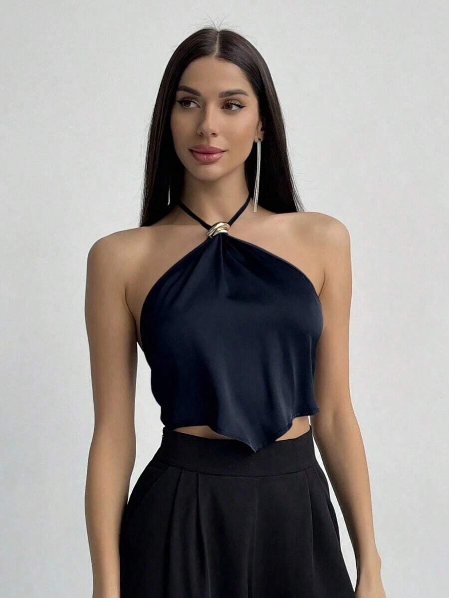 Camiseta de tirantes con cuello halter y bajo asimétrico para mujer - Azul marino - Ver 1