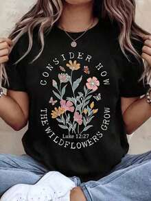 Camisetas Casuales para Mujer, Camiseta de Cuello Redondo para Mujer con Estampado Floral de Flores Silvestres y Versículos Bíblicos, Manga Corta, Top Casual de Verano para Mujer, Camiseta para Mujer, Estilo Y2K, Camisetas de Moda de Verano, Conjuntos y Tops Casuales de Streetwear - Negro - Ver 1