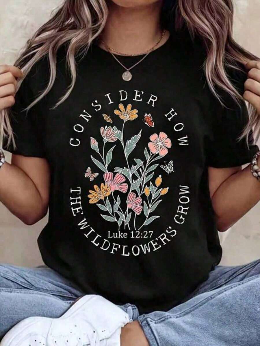 Camisetas Casuales para Mujer, Camiseta de Cuello Redondo para Mujer con Estampado Floral de Flores Silvestres y Versículos Bíblicos, Manga Corta, Top Casual de Verano para Mujer, Camiseta para Mujer, Estilo Y2K, Camisetas de Moda de Verano, Conjuntos y Tops Casuales de Streetwear - Negro - Ver 1
