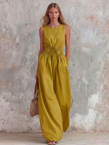Women's Retro Casual Jumpsuit In Green With Ruffle, V-Neck And Sleeveless, Made Of Cotton And Linen - Yellow - View 3