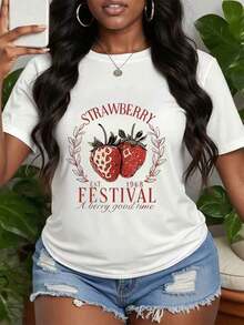 Casual Strawberry Print T-Shirt, Colorful Fruit T-Shirt, Fun Strawberry T-Shirt For Summer/Halloween, Cute Berry T-Shirt, Ideal Gifts For Grandma, Mother And Friends, 100% Cotton, Durable - 白色 - 查看 7