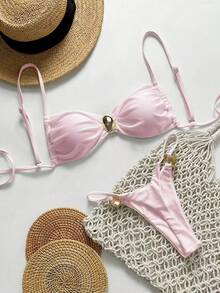 Bikini de color sólido, bikini sexy con lazos, traje de baño de dos piezas fresco y sencillo para mujer. - rosa - Ver 12