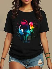 Women's Casual Crew Neck T-Shirt With Vibrant Ballerina And Splatter Art - Soft Stretch Fabric, Machine Washable, Regular Fit For Year-Round Comfort, Casual Artistic Clothing, Medium Elasticity Top, Comfortable Garment, Durable Stitching, Short Sleeve T-Shirt, For Comfort Seekers - 黑色 - 查看 1