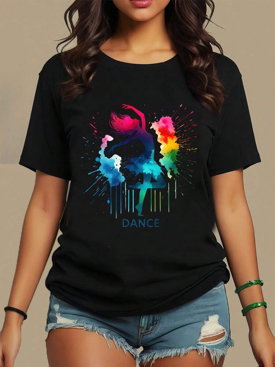 Women's Casual Crew Neck T-Shirt With Vibrant Ballerina And Splatter Art - Soft Stretch Fabric, Machine Washable, Regular Fit For Year-Round Comfort, Casual Artistic Clothing, Medium Elasticity Top, Comfortable Garment, Durable Stitching, Short Sleeve T-Shirt, For Comfort Seekers - 黑色 - 查看 1