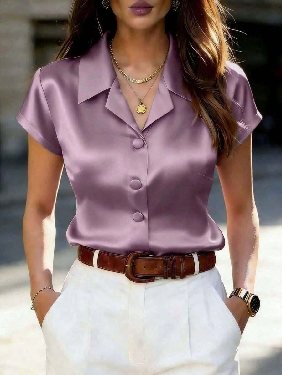 de mujer de satén morado de manga corta con cuello y decoración de botones, ajuste regular, blusa de verano - Lila Púrpura - Ver 1
