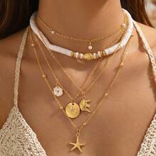 1 Set Bohemian Style Starfish Necklace, Multi-Layer Pearl Necklace Set, Handmade Beaded Flower Choker Necklace, Clavicle Chain, Essential Beach Travel Accessory, Summer Beach Theme Jewelry For Women, Suitable For Daily Wear, Beach Party, Gift For Classmates, Female, Girls, Girlfriend - Multicolor - View 1