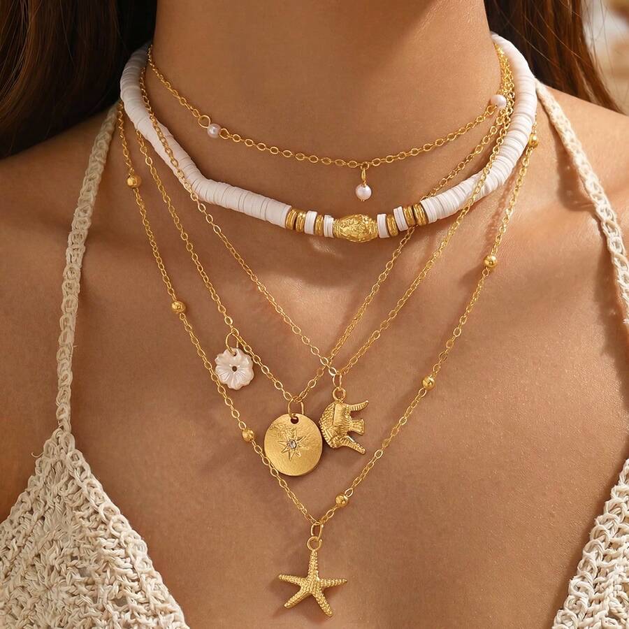 1 Set Bohemian Style Starfish Necklace, Multi-Layer Pearl Necklace Set, Handmade Beaded Flower Choker Necklace, Clavicle Chain, Essential Beach Travel Accessory, Summer Beach Theme Jewelry For Women, Suitable For Daily Wear, Beach Party, Gift For Classmates, Female, Girls, Girlfriend - Multicolor - View 1