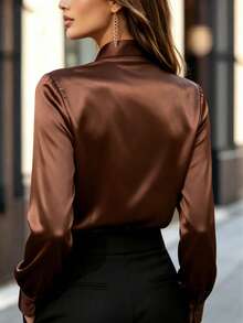 Camisa de satén marrón para mujer con detalle de corbata de moño, blusa elegante de manga larga para oficina y fiesta - Óxido marrón - Ver 2