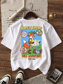 Camiseta de manga corta con cuello redondo y estampado gráfico de zorro de la colección Retro Cartoon Forest Friends para mujer, estilo vintage de los 90, con estampado de animales de aventuras salvajes, corte holgado informal, estética Y2K moderna, ideal para uso diario, camping, senderismo, picnic, festivales de música, vacaciones, salidas informales, regreso a clases, actividades al aire libre de verano, escapadas de fin de semana, visitas a parques temáticos. S6BX - Blanco - Ver 6