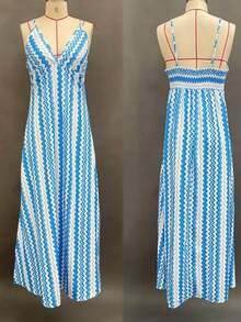 Women's Blue Dress With White Zigzag Print, Deep V-Neck, Thin Straps With Ruffles At The Shoulders, Long Skirt With Side Slit, Light And Flowing Fabric Ideal For Summer, Boho Beach Style Perfect For Vacations, Beach Parties And Trips To The Caribbean - 藍色 - 查看 1