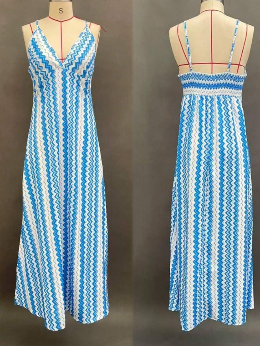 Women's Blue Dress With White Zigzag Print, Deep V-Neck, Thin Straps With Ruffles At The Shoulders, Long Skirt With Side Slit, Light And Flowing Fabric Ideal For Summer, Boho Beach Style Perfect For Vacations, Beach Parties And Trips To The Caribbean - 藍色 - 查看 1