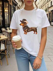 Vintage Women's Western Bohemian Style T-Shirt With Dachshund, Cowboy, And Leopard Print - Cute Dachshund Design With Cowboy Hat And Hoof Ears, Casual Short Sleeve Crew Neck Top For Spring, Summer, And Autumn, Clothing For Dachshund Lovers. Women's T-Shirts > Basic - 白色 - 查看 7