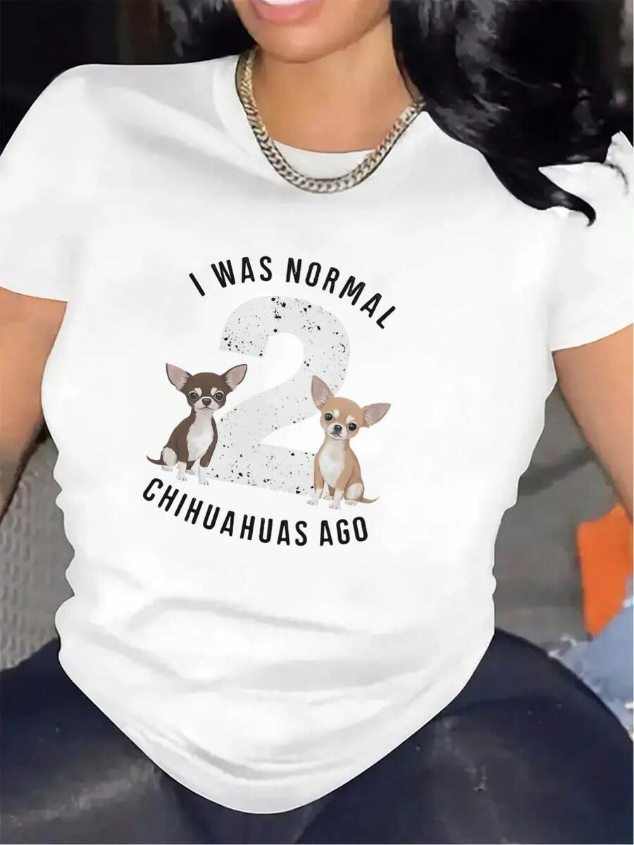 Women's Chihuahua Print T-Shirt, Made Of Durable And Comfortable Fabric, Suitable For Home Wear, Ideal For The Living Room Or Kitchen. The Stylish Printed T-Shirt Is Suitable For Everyday Casual Wear, With A Soft Material And A Lightweight, Breathable Design. - 白色 - 查看 1