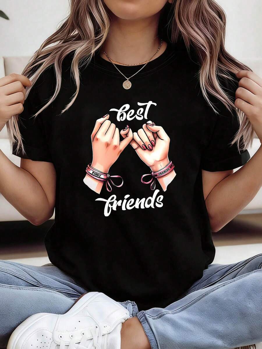 Camiseta de algodón puro con estampado de patrón de ganchos para mujer. Top estilo amistad para mejores amigas. Adecuada para reuniones de amigas, celebraciones de graduación, salidas diarias y sesiones de fotos. Prenda de manga corta para un look casual y elegante. - Negro - Ver 1
