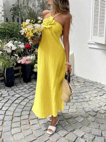 YHHSylviya Vestido maxi con abertura y estampado floral 3D en escote halter, vestido de verano de color amarillo mantequilla para mujer, atuendos de verano, atuendos de vacaciones, atuendos de playa, vestidos de graduación, ropa de verano, vestidos de vacaciones, vestidos de playa, ropa de vacaciones, estilo bohemio, atuendos para salir, vacacionesYHH - Amarillo 3 - Ver 6
