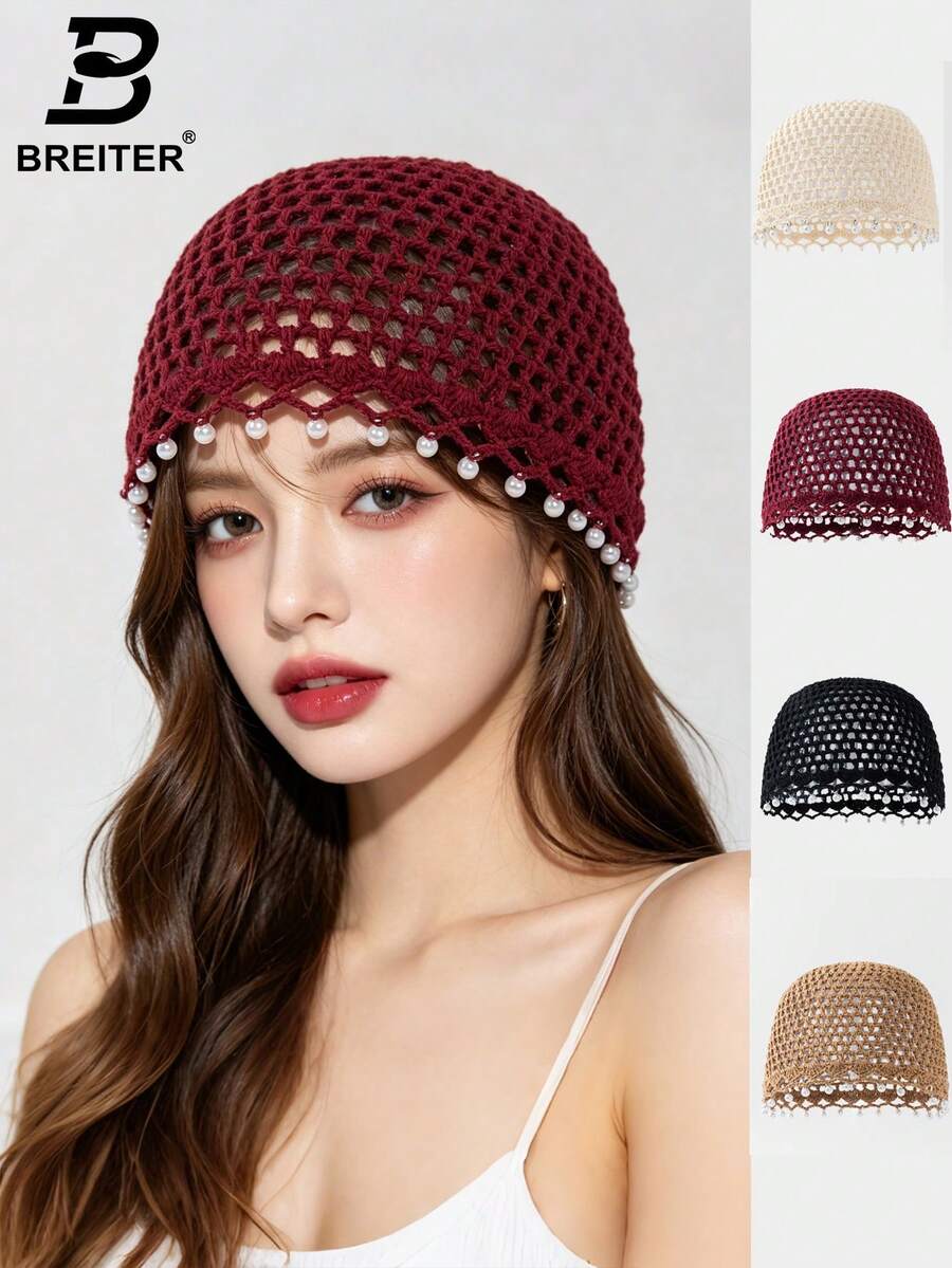 BREITER 1顶加厚手工钩编镂空针织帽，保暖宽松针织帽，带流苏，冬季时尚配饰，波西米亚风格，适合母女、女性、节日、万圣节