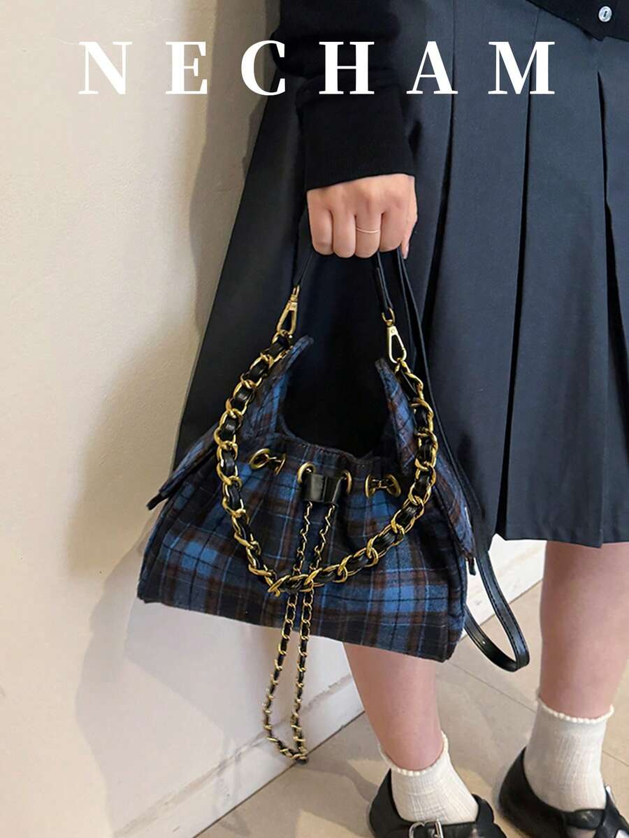 1pc Korean Ins Style Patterned Drawstring Crossbody Bag, Versatile Underarm Bag For Daily Wear - Blue - View 1