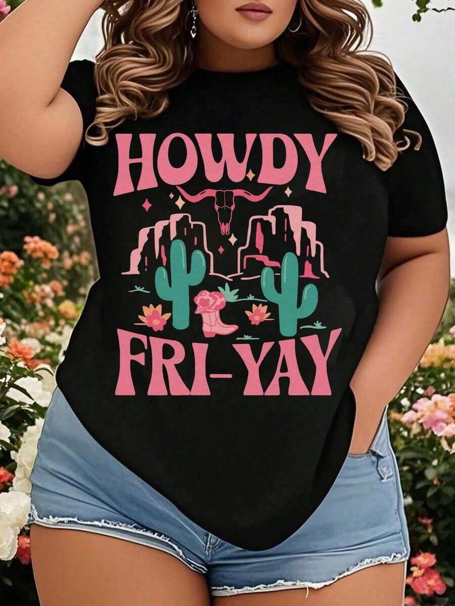 Women's Clothing Western Cowgirl Howdy Fri-Yay T-Shirt With Cactus And Cowboy Boots Design, Funny Graphic Tee For Women, Country Style Top, Perfect For Weekend Outings And Holiday Events, Women's Shirts - 黑色 - 查看 1