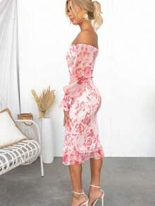 Vestido otoñal estampado cuello barra manga larga cintura elástica corte sirena sensual estilo europeo elegante para mujer - Rojo - Ver 5