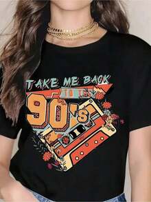 Women's Clothing Retro 'Take Me Back To The 90s' T-Shirt For Women, Vintage 90s Graphic Tee With Cassette Tape Design, 90s Themed Casual Wear For Music Lovers, Perfect Gift For Birthday Party Or 90s Anniversary Celebration Women's Shirts - 黑色 - 查看 1