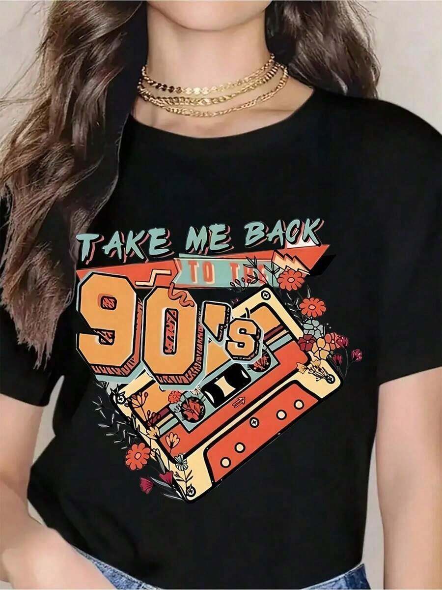Women's Clothing Retro 'Take Me Back To The 90s' T-Shirt For Women, Vintage 90s Graphic Tee With Cassette Tape Design, 90s Themed Casual Wear For Music Lovers, Perfect Gift For Birthday Party Or 90s Anniversary Celebration Women's Shirts - 黑色 - 查看 1