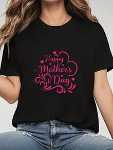 Camiseta de Mujer para el Día de la Madre con Estampado de Corazón y Texto de Feliz Día de la Madre, Cuello Redondo, Manga Corta, Primavera Verano. Camiseta Holgada de Manga Corta Estampada en Negro para Mujer. - Negro - Ver 7