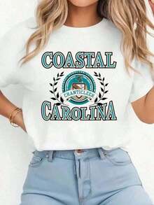 % Cotton Coastal Carolina Chanticleers Laurels-Shirt Print-Shirt Casual Crew Neck Short Sleeve Comfort Tee Top Spring &Amp;   Summer Women's Clothing Summer Tops White Top Graphic Tees Women  Art Top Summer-Shirt WomenMinimalist Casual Shirtplayeras de mujer - Blanco - Ver 8