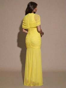 xhe X GALILEA   Vestido ajustado con pliegues elegantes, adecuado para cóctel, cita romántica, capas de otoño/invierno, fiesta, reunión formal, Halloween, Navidadxhe - Amarillo - Ver 2