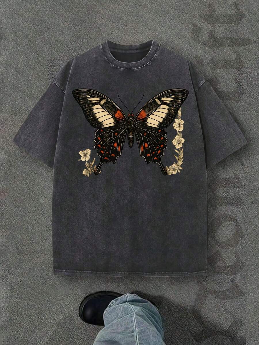 Camiseta casual vintage cómoda y lavada para mujer, camiseta de manga corta con cuello redondo,% algodón lavado y versátil para hombre, adecuada para uso diario y atuendos de, estilo unisex. - Negro - Ver 1