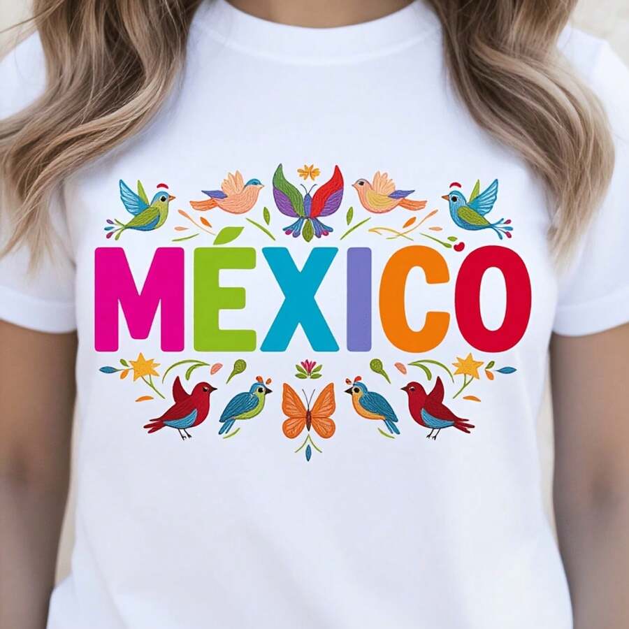 Camiseta gráfica para mujer con temática de México y diseño vibrante de pájaro y mariposa, perfecta para uso casual y celebraciones culturales. Camiseta de mujer de diseño casual holgado, ligeramente extralarga - blanco - Ver 1