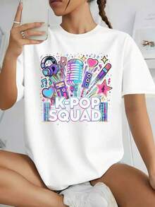 Camiseta Gráfica K-POP SQUAD para Mujer - Estética Y2K, Camiseta Oversized con Estampado Vibrante de Micrófono y Auriculares, Top de Manga Corta con Cuello Redondo y Corte Holgado, Ropa para Fans de K-Pop para Conciertos y Uso Diario Urbano (Rosa Pastel y) Ropa Hombre Cosas Para Hombre Ropa De Mujer Blusas Bonitas Casuales - Blanco - Ver 8