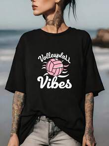 Camiseta de mujer con temática de voleibol de 180 g - Talla S. Regalo para el espíritu de equipo, adecuada para reuniones familiares de verano y actividades de team building, camiseta casual, elección perfecta para fans y jugadores. - Negro - Ver 7