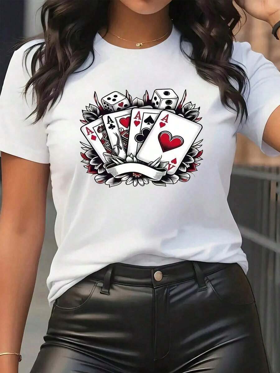 Under The RadarCamiseta de mujer de manga corta y cuello redondo con estampado de naipes - Estilo deportivo casual, suave y transpirable, personalidad fresca y única, de moda y llamativa, artículo de moda versátil-Vintage Street Style Unisex Loose Cotton Short Sleeve Crew Neck T-Shirt - Blanco - Ver 1