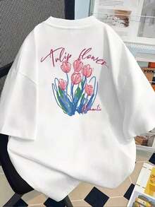 Under The Radar Women's Casual Short Sleeve T-Shirt, Tulip Bouquet Print, Romantic, Soft Short Sleeves, Front And Back Panels, Japanese And Korean Style, Loose Crew Neck Top, Machine Washable, Spring/Summer Top. 2026-Vintage Street Style Unisex Loose Cotton Short Sleeve Crew Neck T-Shirt - 白色 - 查看 4