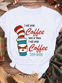 Elegante y casual para mujer, manga corta, camiseta para amantes del café D1r Seu1ss con estampado de gato con sombrero y taza de café, ropa casual blanca para mujer, primavera verano. - Blanco - Ver 3