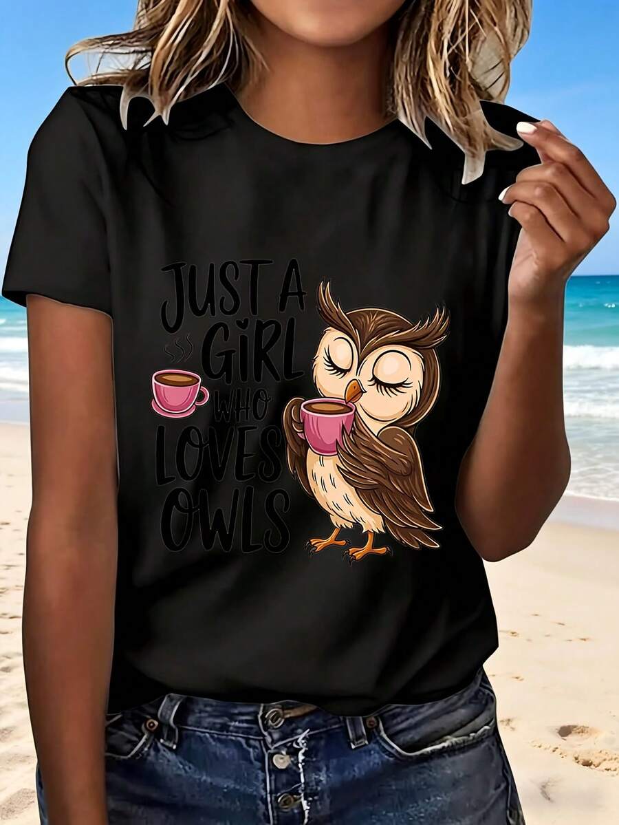 Just A Girl Who Loves Owls Owl Coffee Cup Print T Shirt With Cute Cartoon Design Fashionable Casual Wear For Women Perfect Gift For Owl Lovers Beach Outing Outdoor Leisure Fun And Stylish Choice - Negro - Ver 1